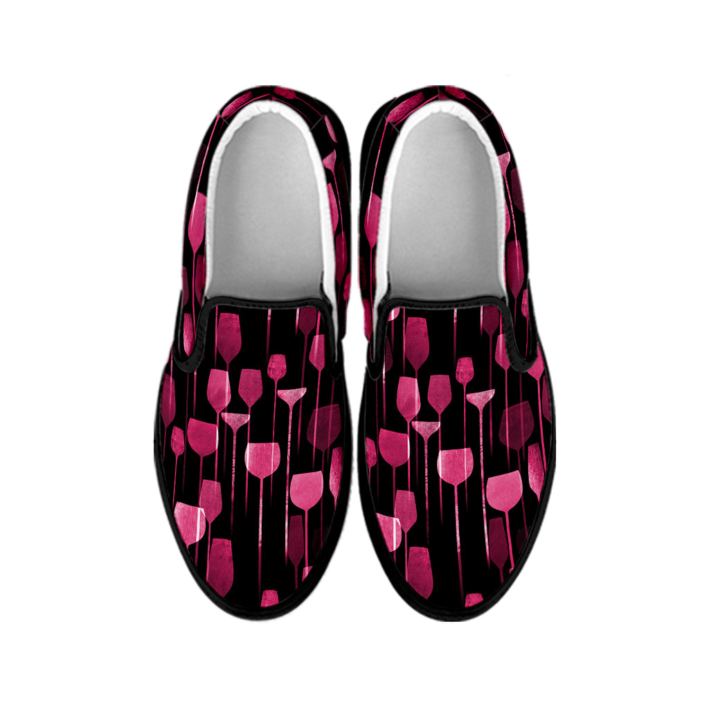 Glasses Of Wine Print Black Slip On Shoes