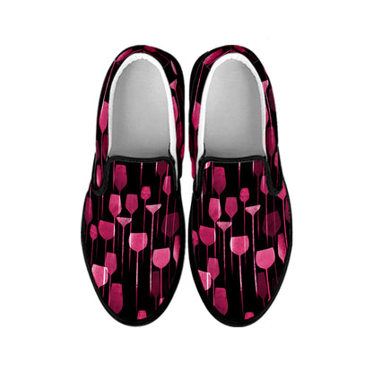 Glasses Of Wine Print Black Slip On Shoes