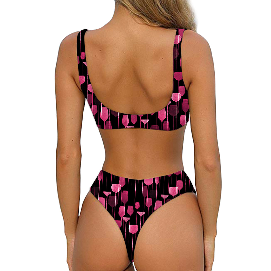 Glasses Of Wine Print Front Bow Tie Bikini