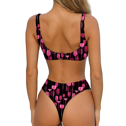 Glasses Of Wine Print Front Bow Tie Bikini