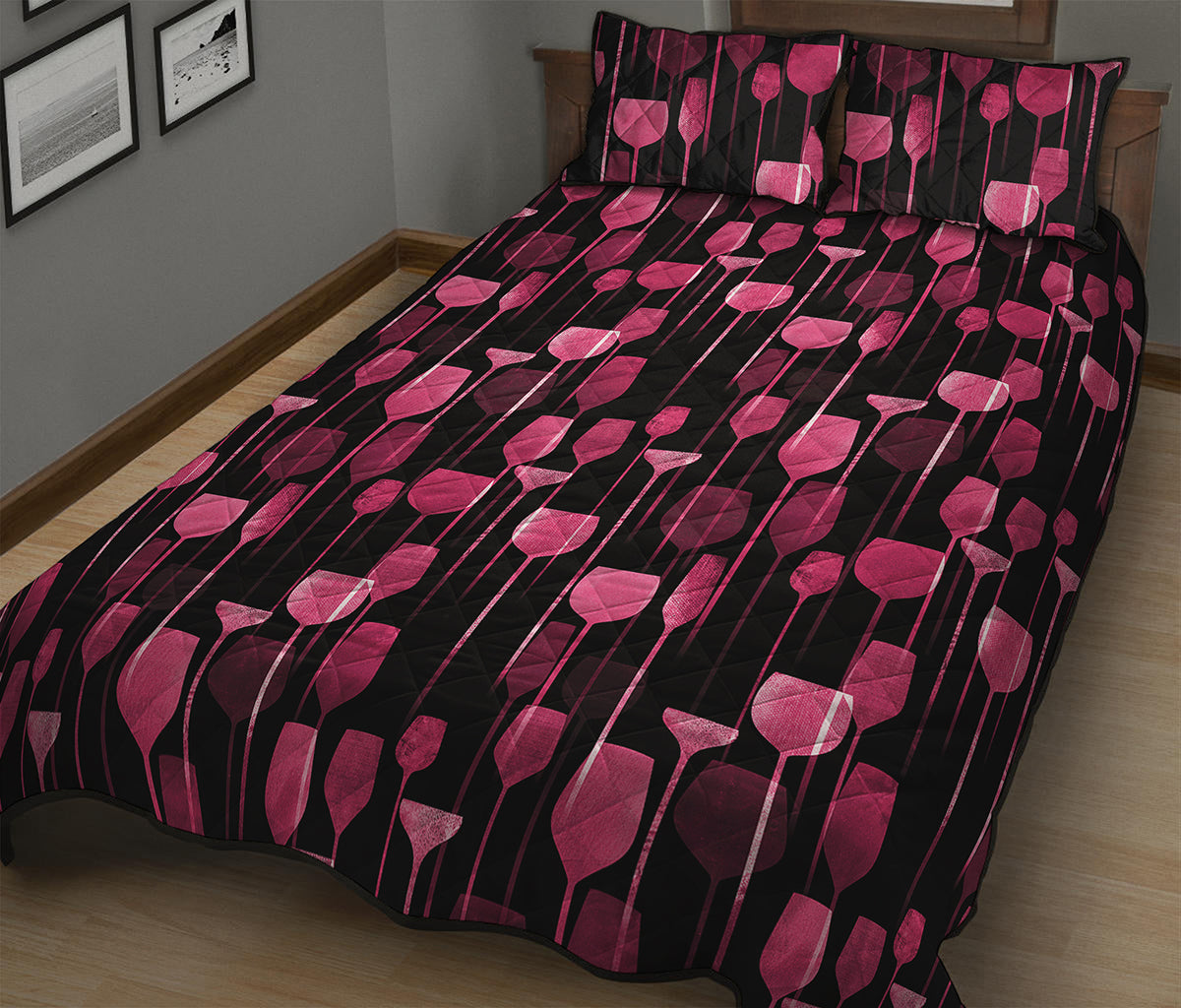 Glasses Of Wine Print Quilt Bed Set