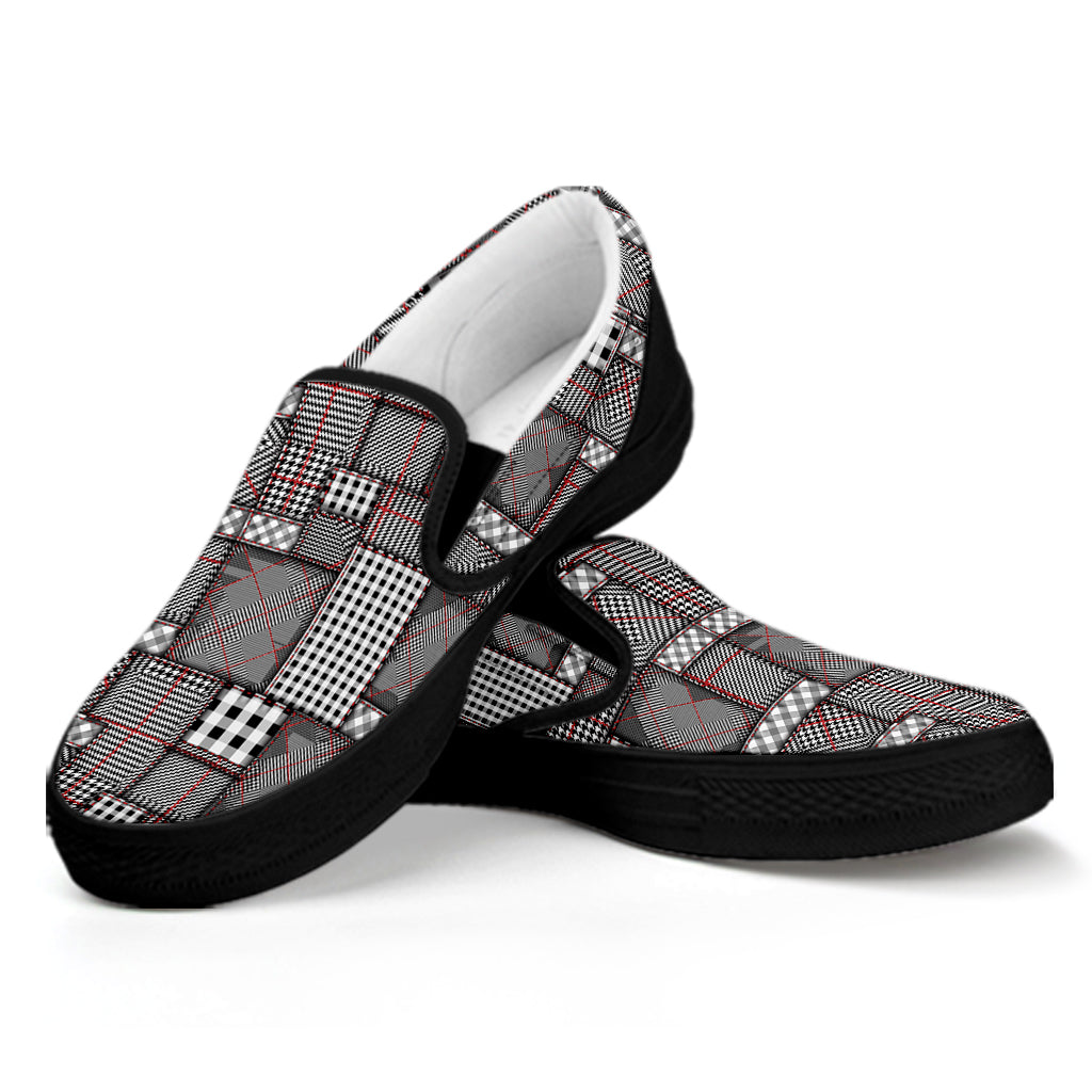 Glen Plaid Patchwork Pattern Print Black Slip On Shoes