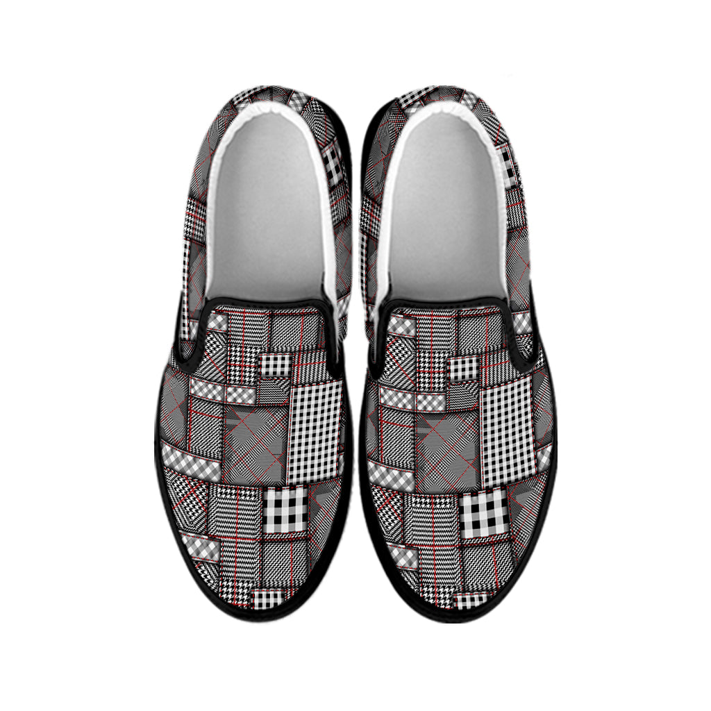 Glen Plaid Patchwork Pattern Print Black Slip On Shoes