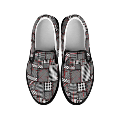 Glen Plaid Patchwork Pattern Print Black Slip On Shoes