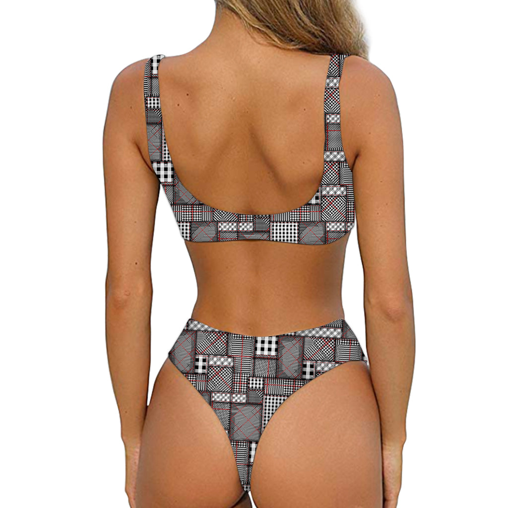 Glen Plaid Patchwork Pattern Print Front Bow Tie Bikini