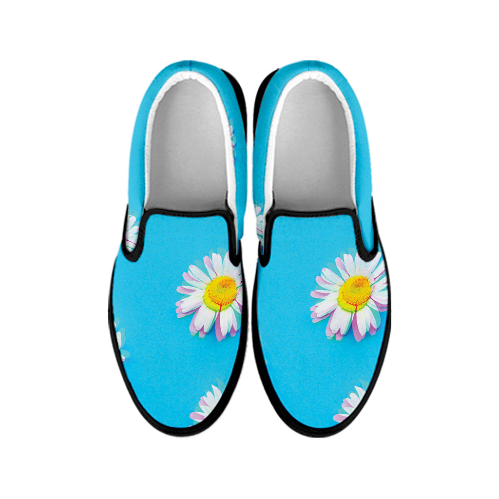 Glitch Daisy Flower Print Black Slip On Shoes