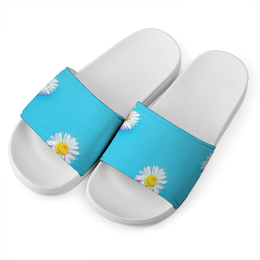 Glitch Daisy Flower Print White Slide Sandals
