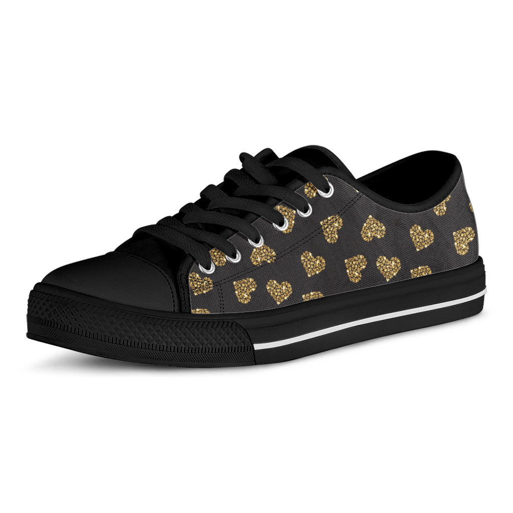 Glitter Gold Heart Pattern Print Black Low Top Shoes