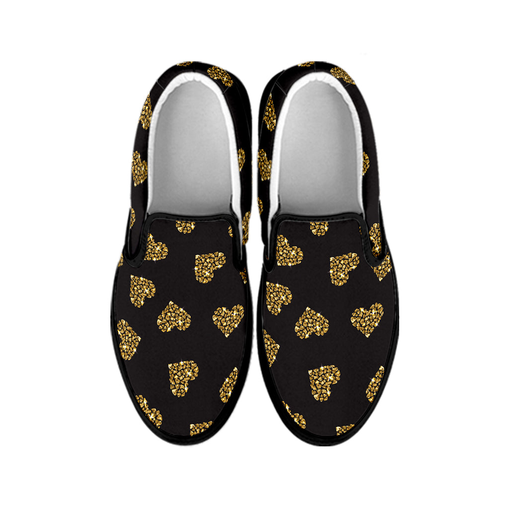 Glitter Gold Heart Pattern Print Black Slip On Shoes