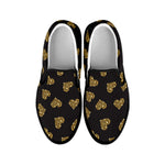 Glitter Gold Heart Pattern Print Black Slip On Shoes