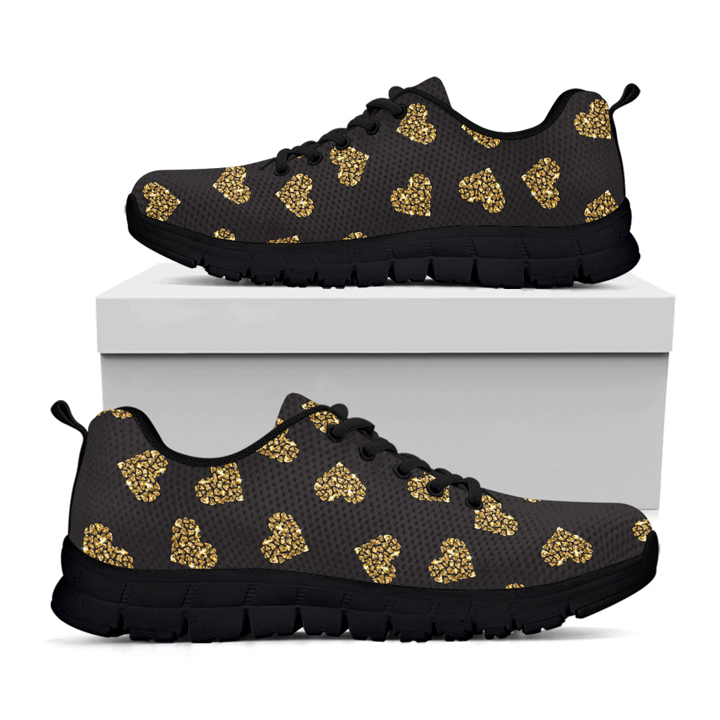 Glitter Gold Heart Pattern Print Black Sneakers