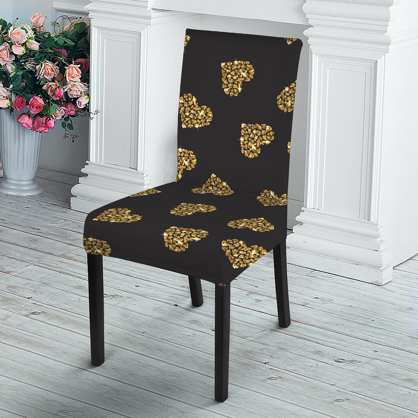 Glitter Gold Heart Pattern Print Dining Chair Slipcover