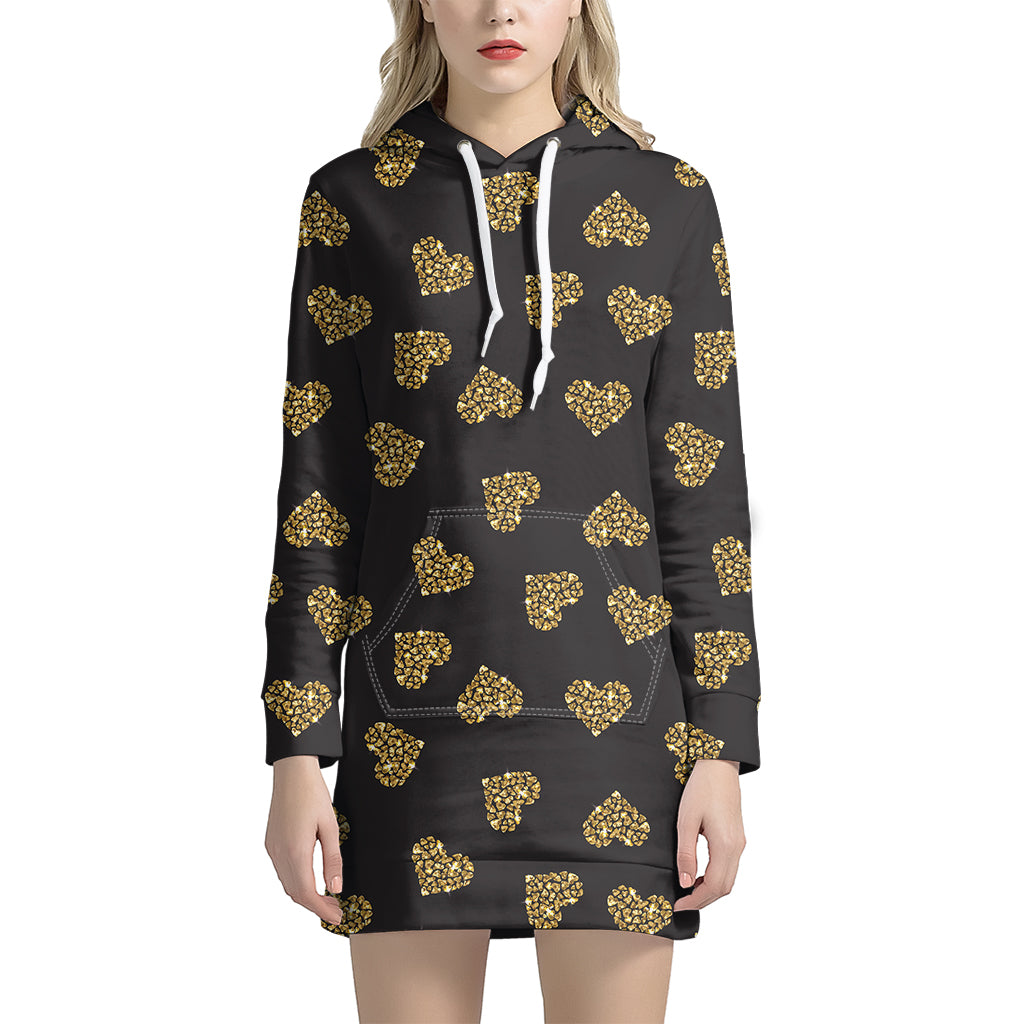 Glitter Gold Heart Pattern Print Hoodie Dress