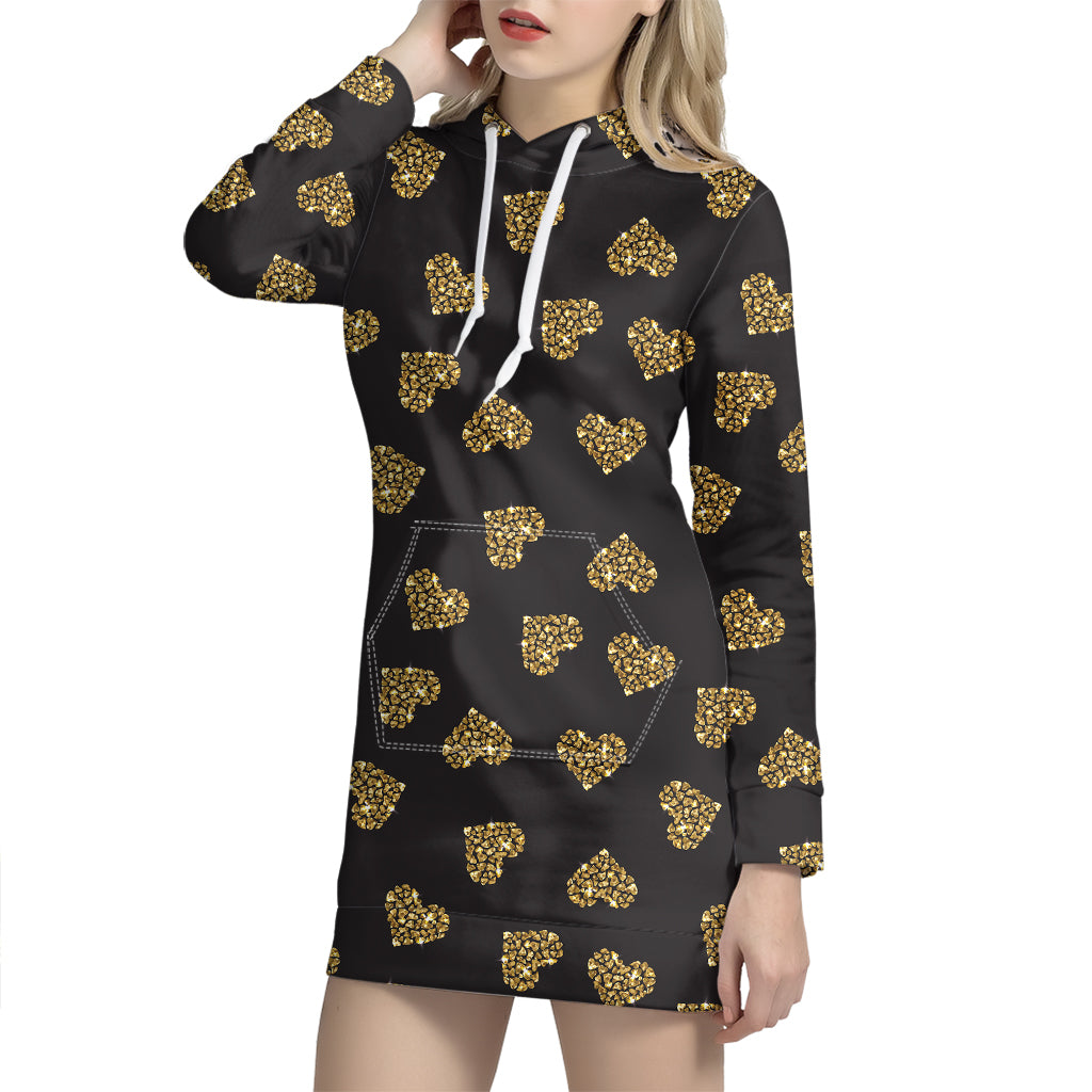 Glitter Gold Heart Pattern Print Hoodie Dress