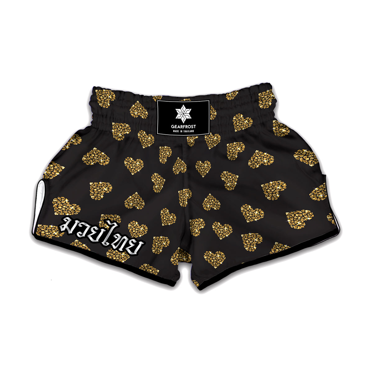 Glitter Gold Heart Pattern Print Muay Thai Boxing Shorts