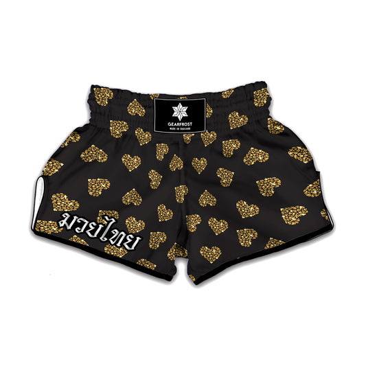 Glitter Gold Heart Pattern Print Muay Thai Boxing Shorts