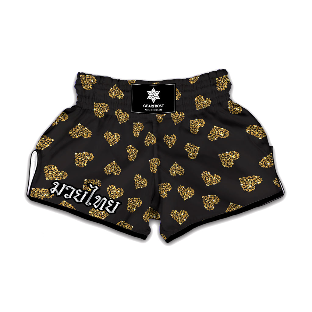 Glitter Gold Heart Pattern Print Muay Thai Boxing Shorts