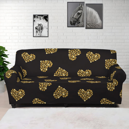 Glitter Gold Heart Pattern Print (NOT Real Glitter) Sofa Cover