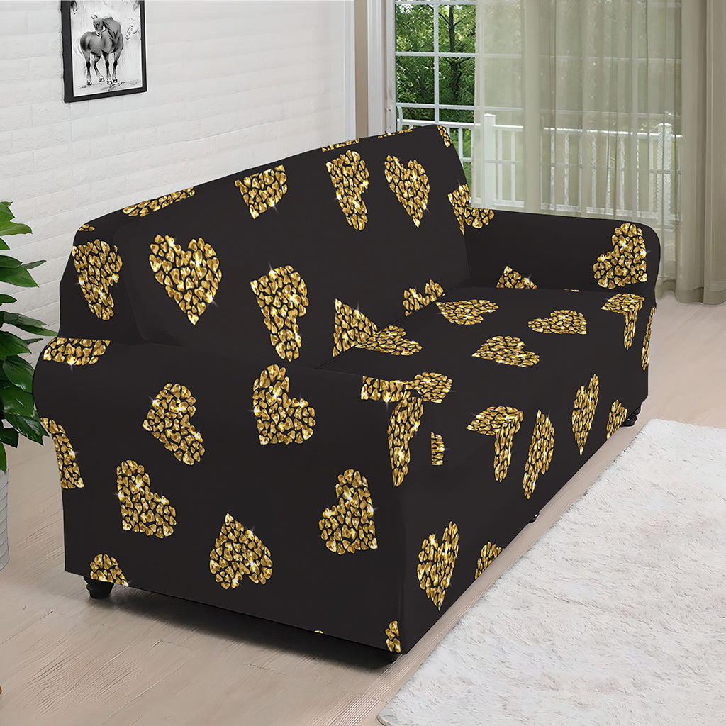 Glitter Gold Heart Pattern Print (NOT Real Glitter) Sofa Cover