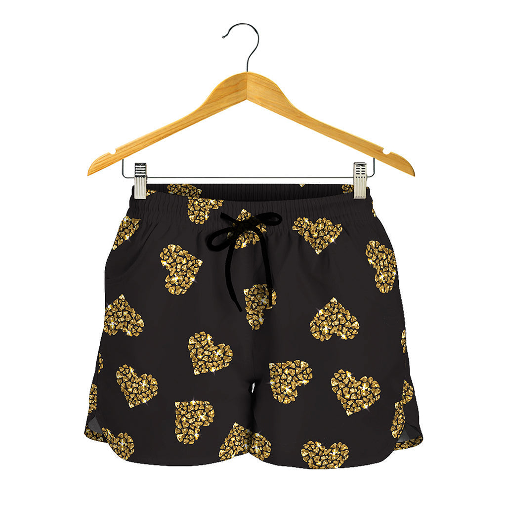 Glitter Gold Heart Pattern Print (NOT Real Glitter) Women's Shorts