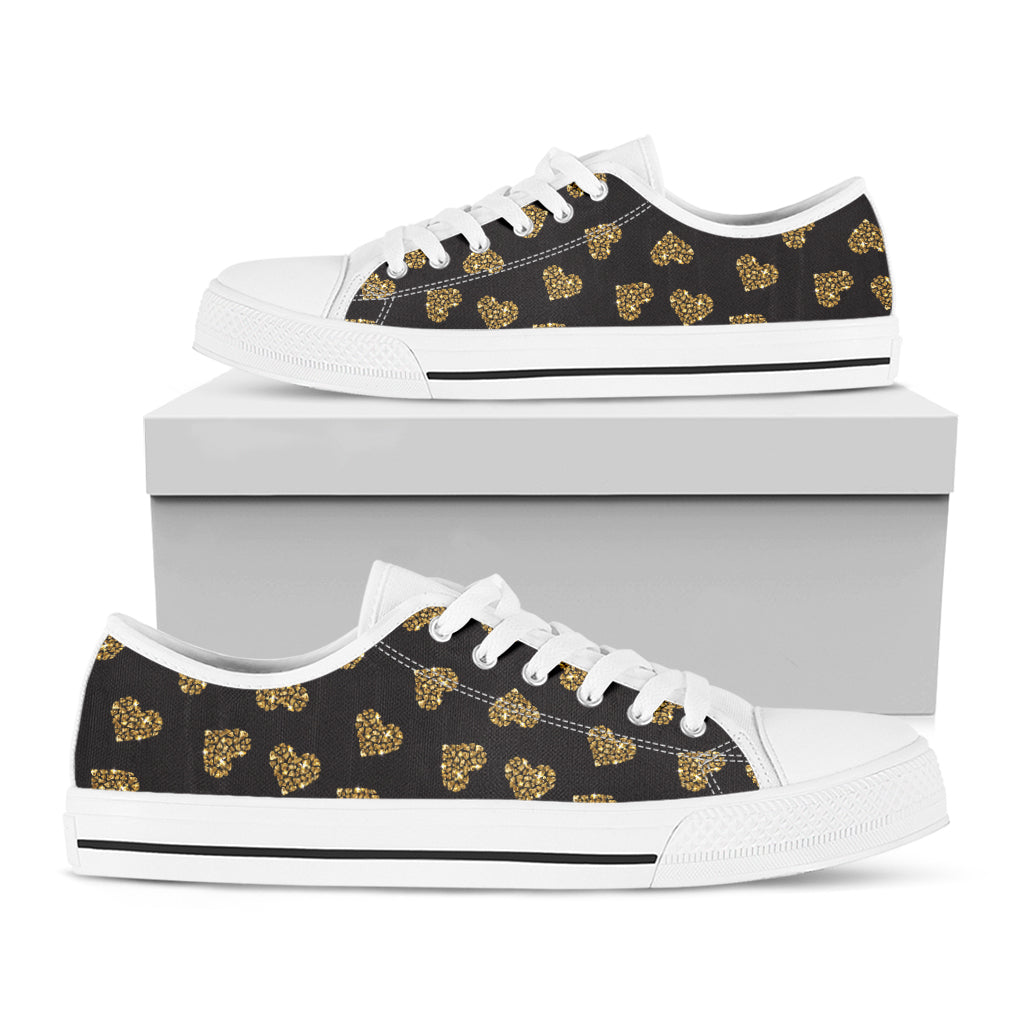 Glitter Gold Heart Pattern Print White Low Top Shoes