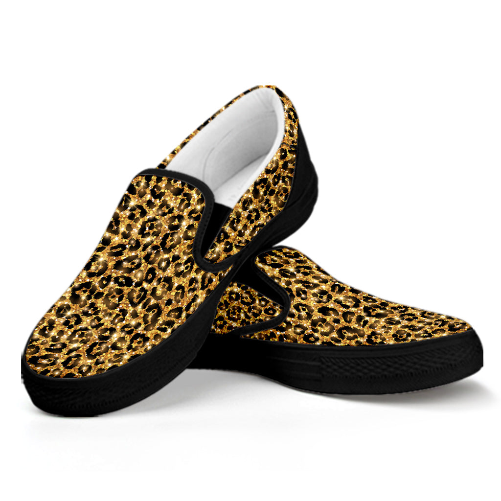 Glitter Gold Leopard Print Black Slip On Shoes