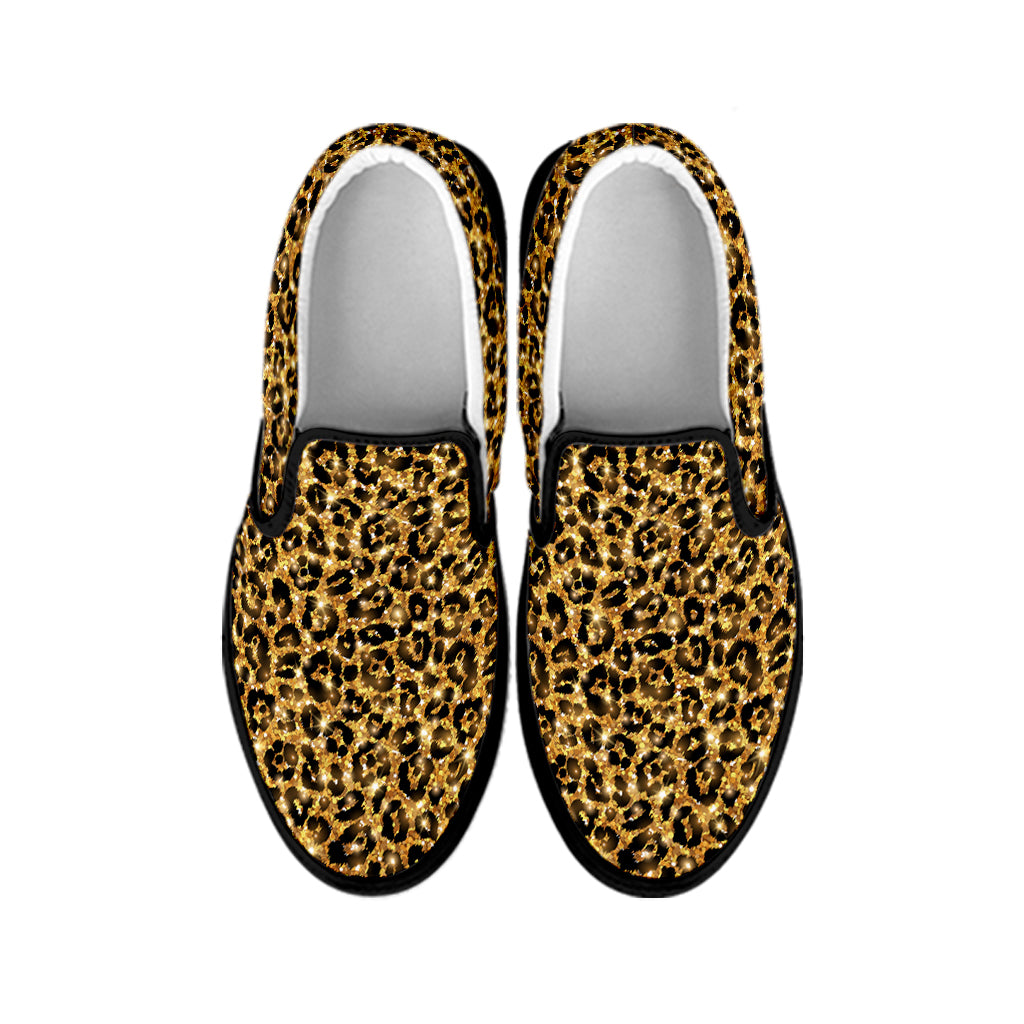 Glitter Gold Leopard Print Black Slip On Shoes