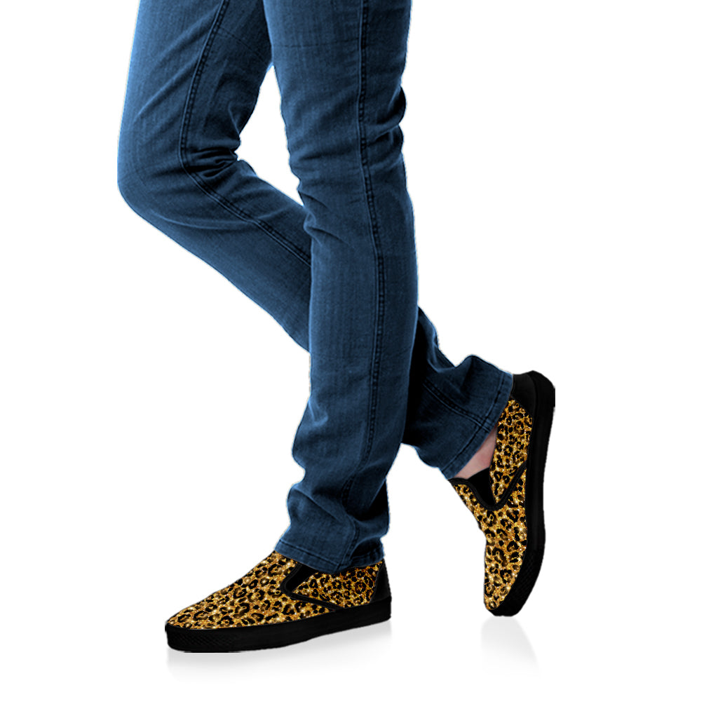 Glitter Gold Leopard Print Black Slip On Shoes