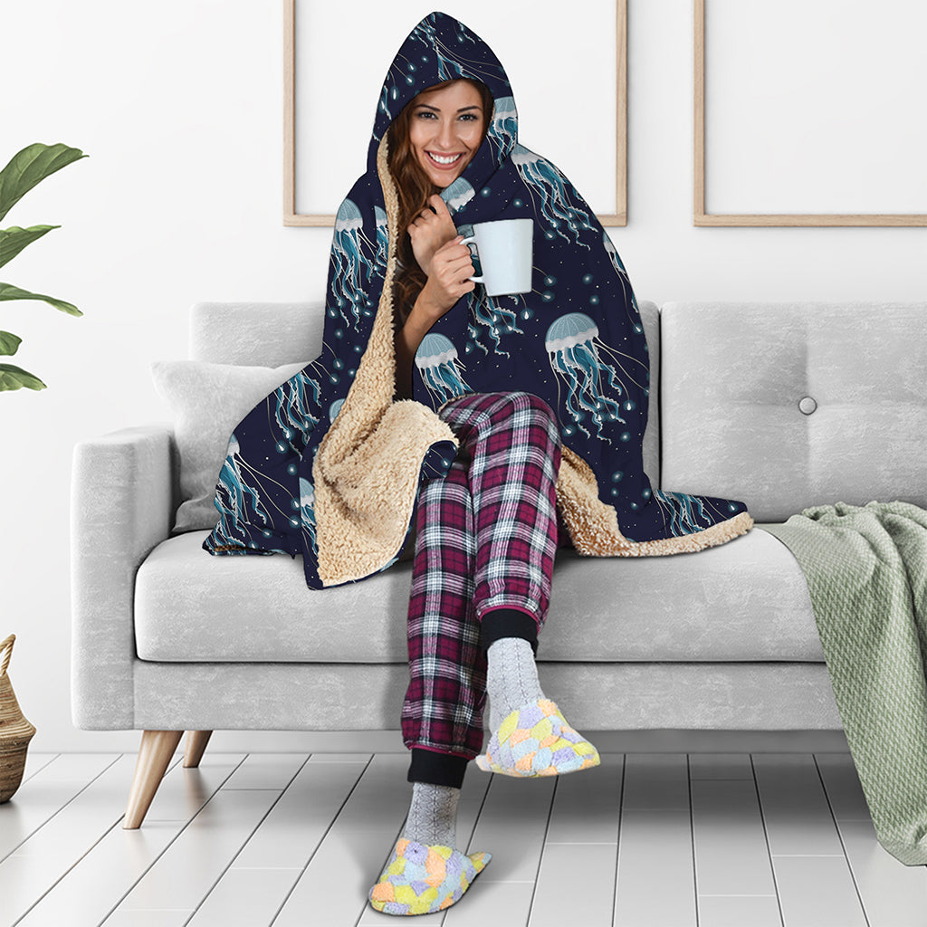 Glowing Jellyfish Pattern Print Hooded Blanket