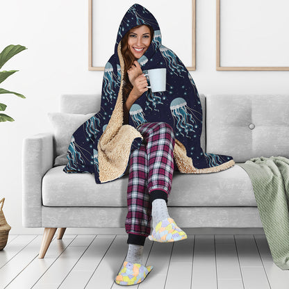 Glowing Jellyfish Pattern Print Hooded Blanket
