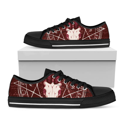 Goat Skull Pentagram Print Black Low Top Shoes 