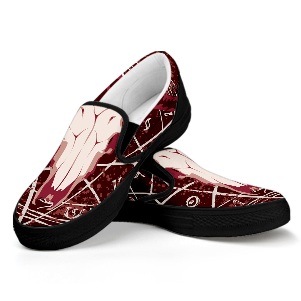 Goat Skull Pentagram Print Black Slip On Shoes