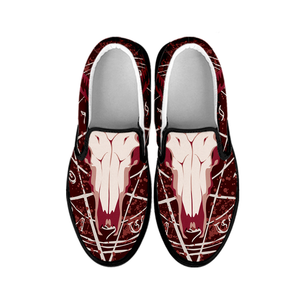 Goat Skull Pentagram Print Black Slip On Shoes