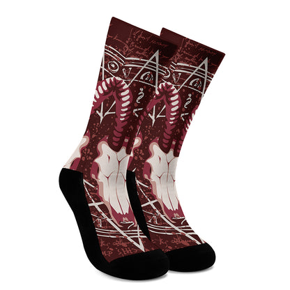 Goat Skull Pentagram Print Crew Socks