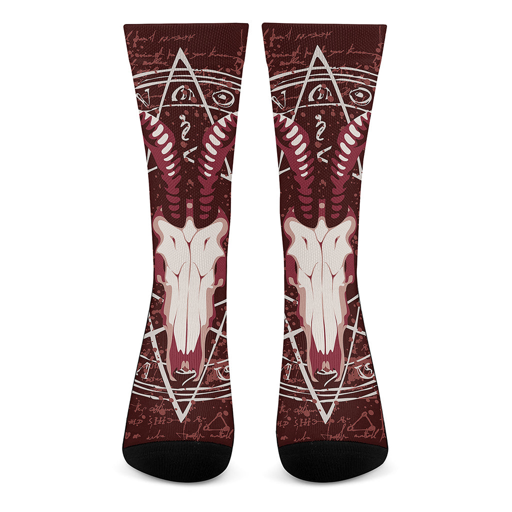 Goat Skull Pentagram Print Crew Socks