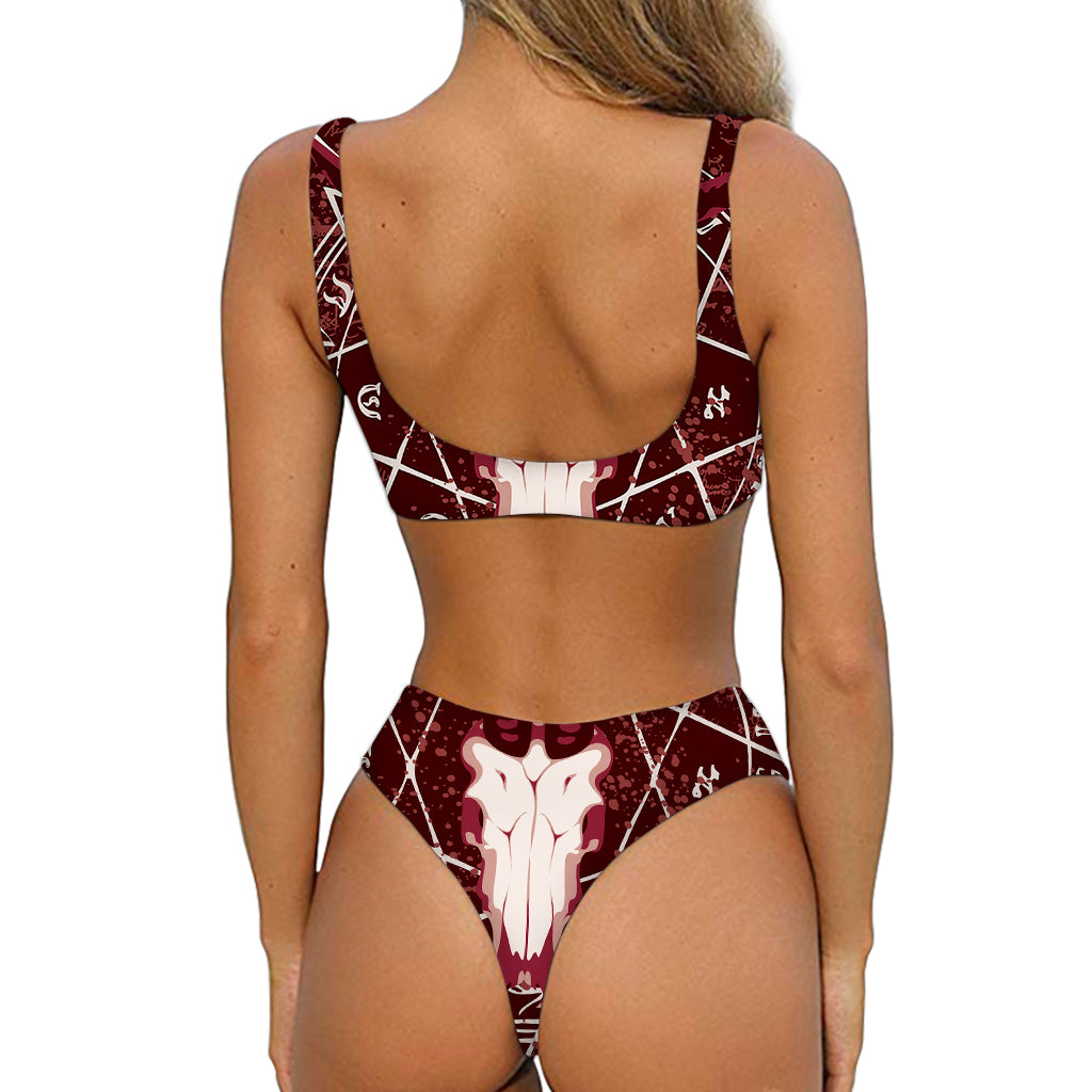 Goat Skull Pentagram Print Front Bow Tie Bikini