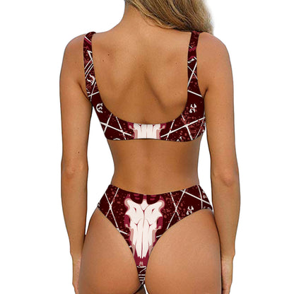 Goat Skull Pentagram Print Front Bow Tie Bikini