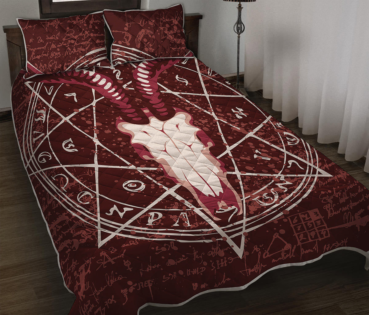 Goat Skull Pentagram Print Quilt Bed Set