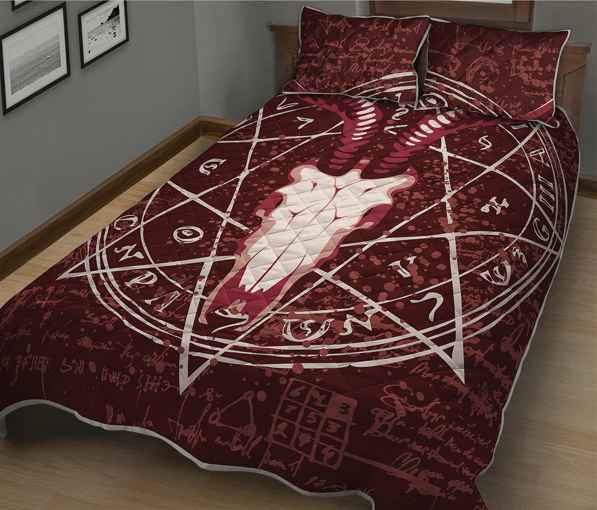 Goat Skull Pentagram Print Quilt Bed Set