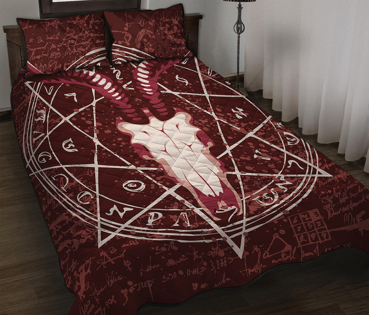 Goat Skull Pentagram Print Quilt Bed Set