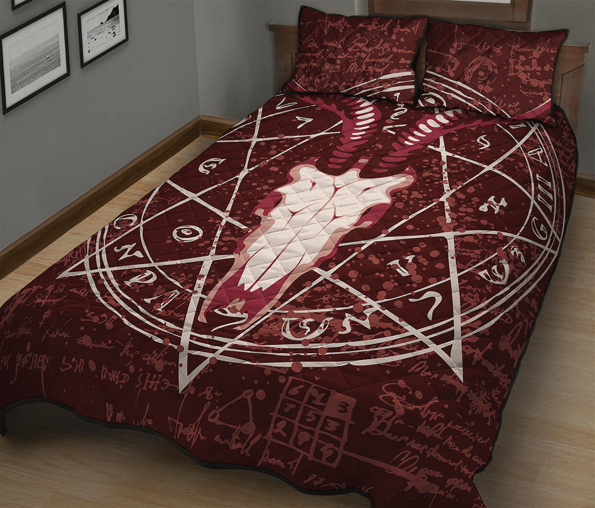 Goat Skull Pentagram Print Quilt Bed Set