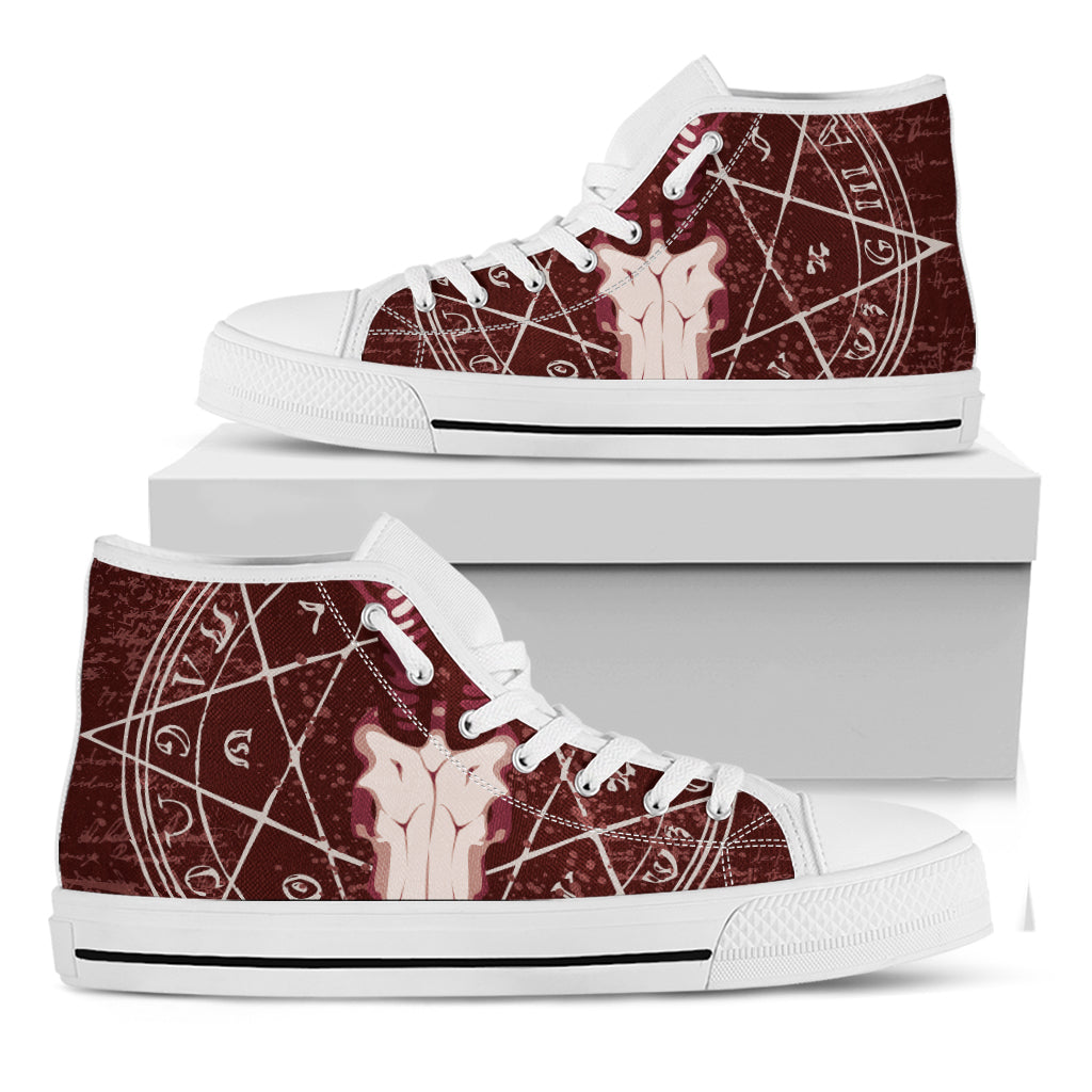Goat Skull Pentagram Print White High Top Shoes
