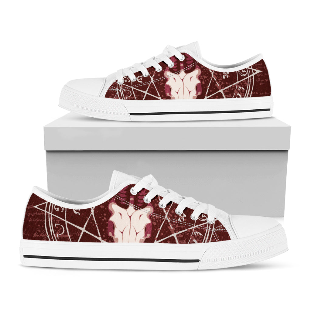 Goat Skull Pentagram Print White Low Top Shoes
