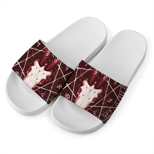 Goat Skull Pentagram Print White Slide Sandals