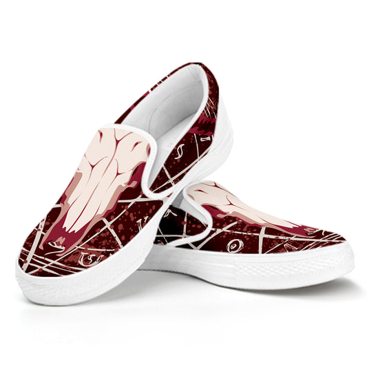 Goat Skull Pentagram Print White Slip On Shoes