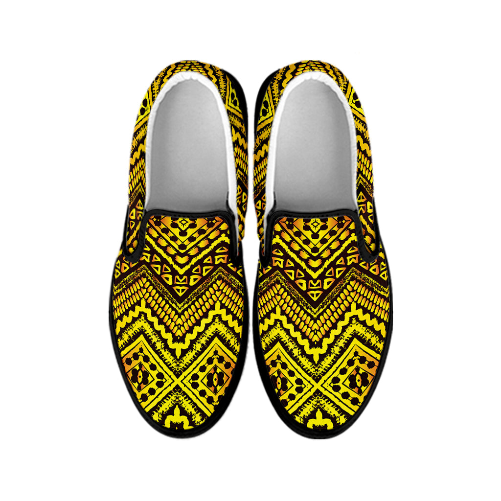 Gold African Ethnic Tribal Pattern Print Black Slip On Shoes