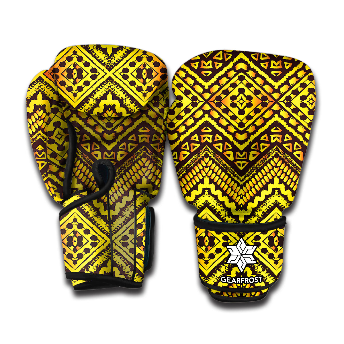 Gold African Ethnic Tribal Pattern Print Boxing Gloves