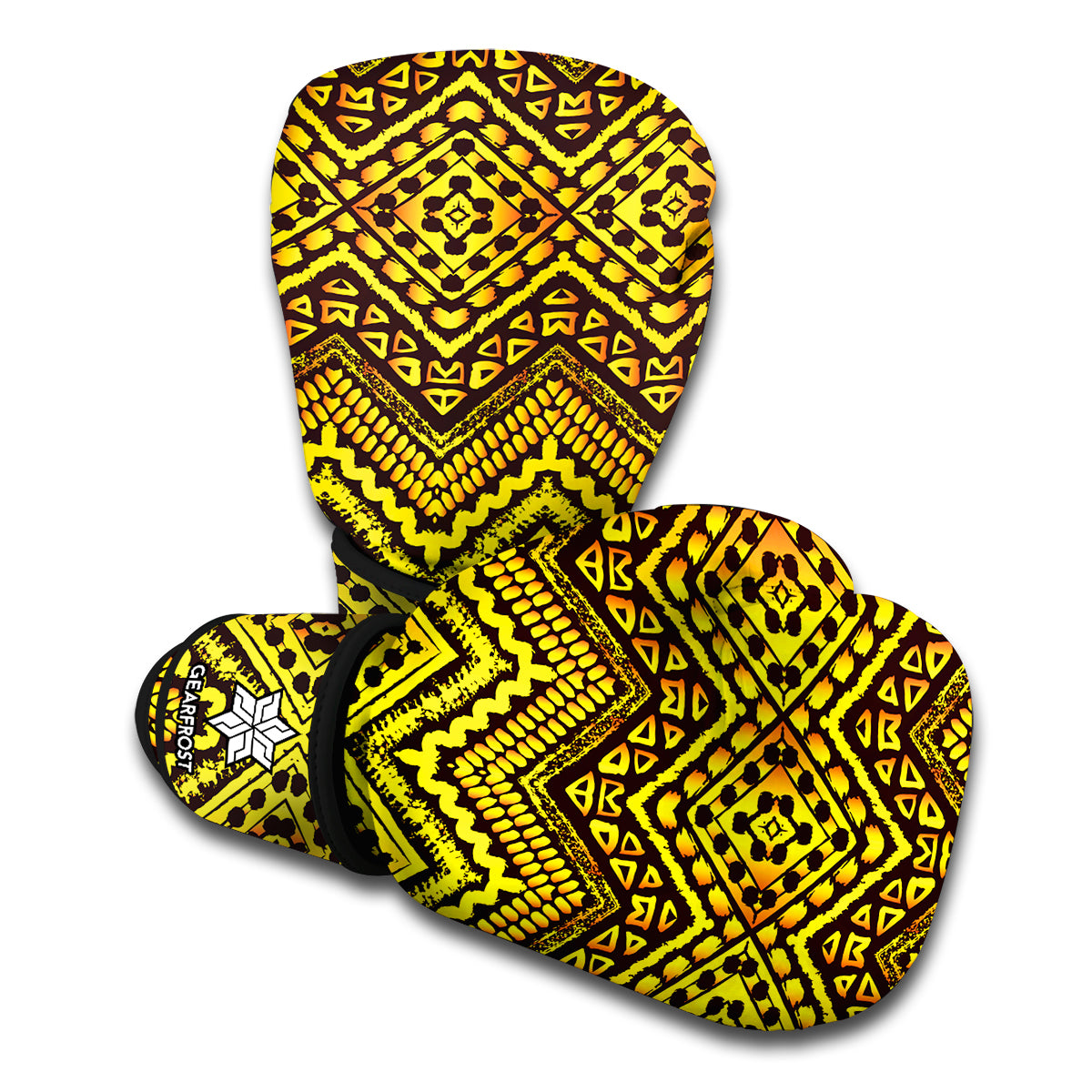 Gold African Ethnic Tribal Pattern Print Boxing Gloves