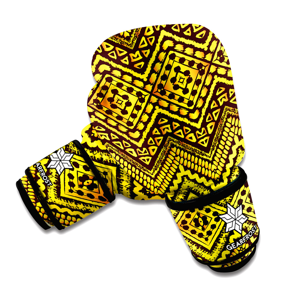 Gold African Ethnic Tribal Pattern Print Boxing Gloves