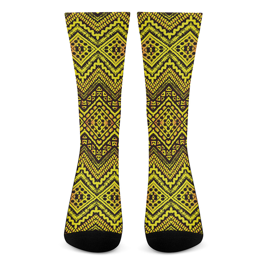 Gold African Ethnic Tribal Pattern Print Crew Socks